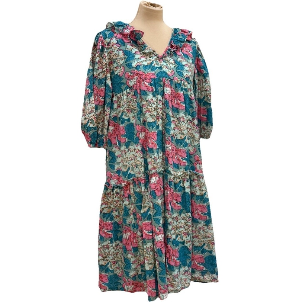 Saule Parc Midi Dress Teal Floral Tiered Flowy Ruffle Boho Cottagecore Peasant M